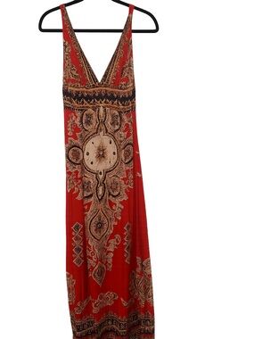 Angie Red Boho V-Neck Maxi Dress with Tan and Black Print